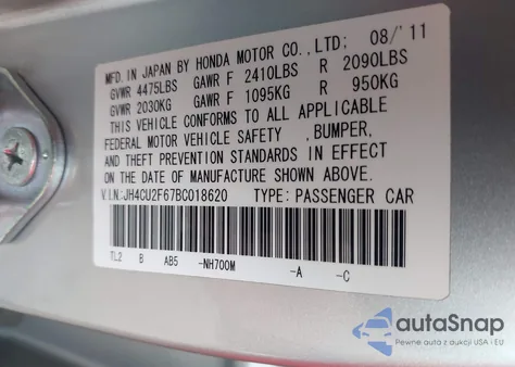 2011 Acura Tsx 2.4 from USA, damaged, VIN JH4CU2F67BC018620